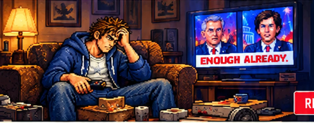 Joe Public slumped on his couch, head in hand, while the TV shows two pundits under a banner reading Enough Already.