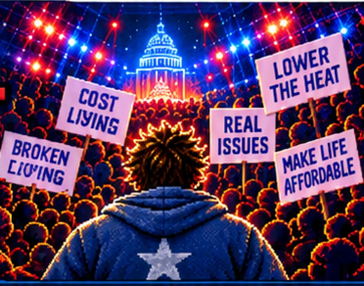The arena crowd behind Joe Public, signs reading Cost of Living, Broken Promises, Real Issues, Lower the Heat and Make Life Affordable.