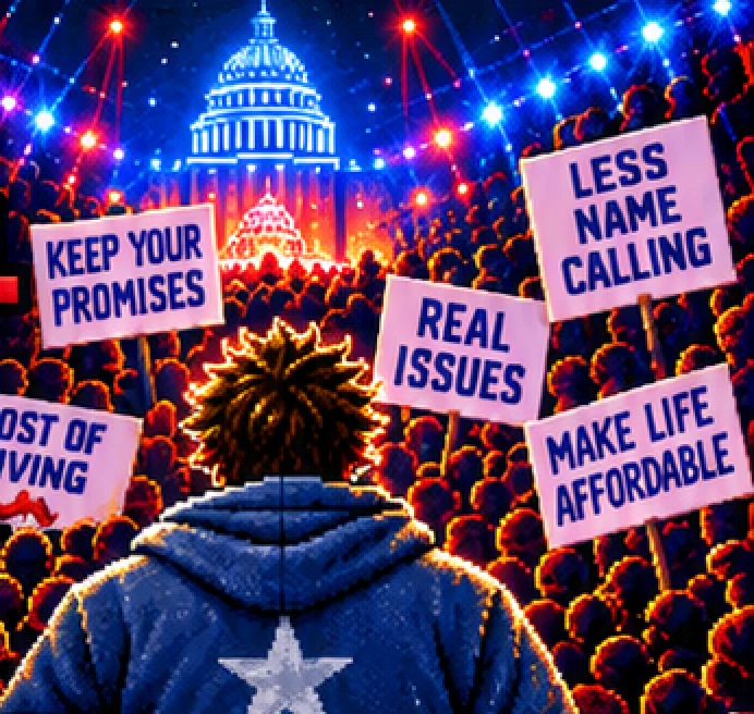 Joe Public from behind in a star-backed hoodie, facing a packed arena under the Capitol dome, the crowd holding signs reading Keep Your Promises, Cost of Living, Real Issues, Less Name Calling and Make Life Affordable.