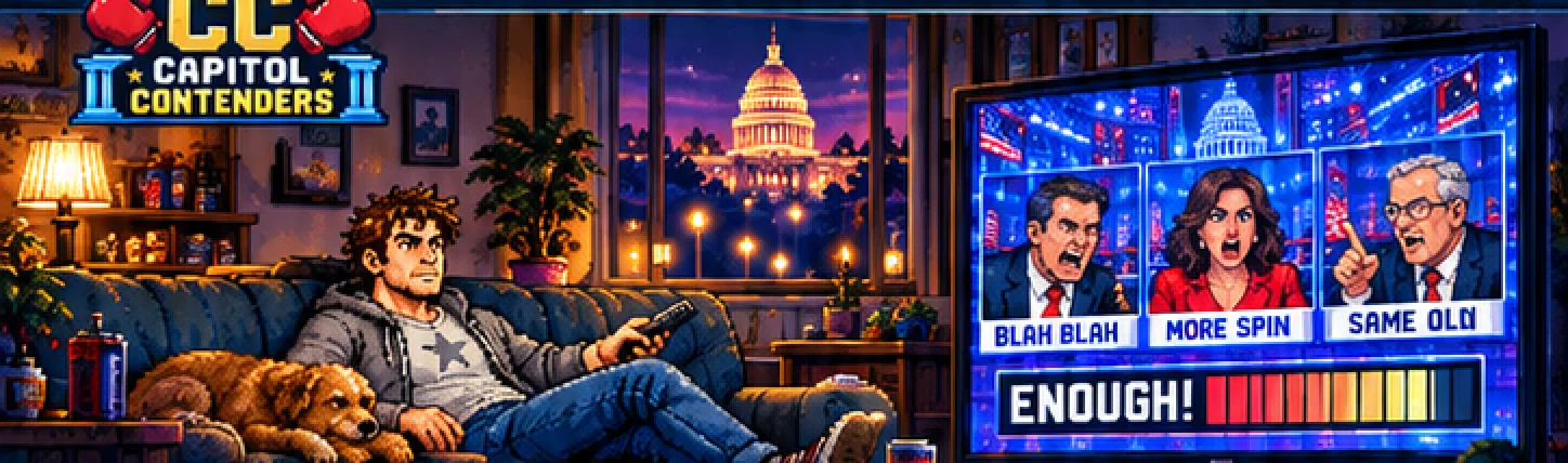 Joe Public slouched on his couch with his dog, remote in hand, the Capitol glowing through the window while a TV panel of three pundits shouts under a full ENOUGH meter.